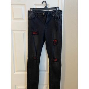Men's Black Distressed Skinny Jeans Red Bandana Paisley 32 waist 33 inseam